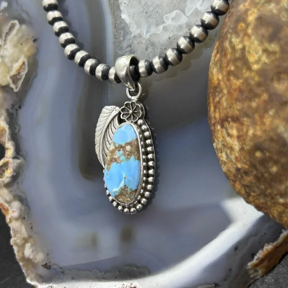Sterling Silver Southwestern Style Golden Hill Turquoise Leaves Pendant #4